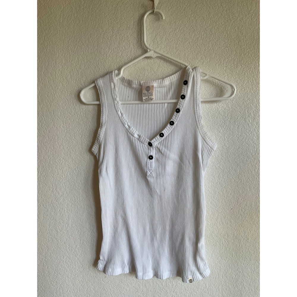 Balance Collection by Marika White Ribbed Henley Tank Top Women Medium Cotton